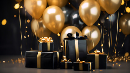 Fototapeta na wymiar Black gifts, gold gifts, for black friday, birthdays and christmas, gold and black balloons, golden ribbon, luxury gift, fancy, private sale event, bokeh
