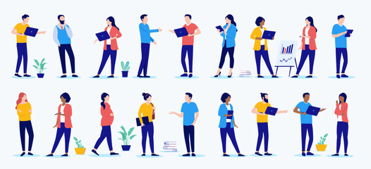 Group of office businesspeople collection - Set of diverse vector people standing in various poses using computers and doing work related tasks. Flat design illustration with white background 