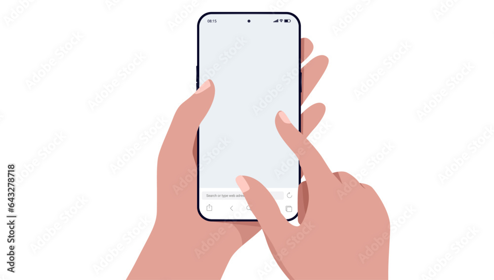 Leinwandbilder mockup of hand holding mobile phone and touching screen with finger. vector template in flat design 
