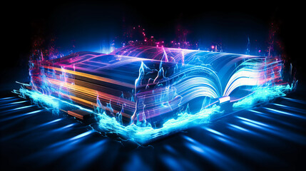 Glowing neon book opening to luminescent pages of knowledge