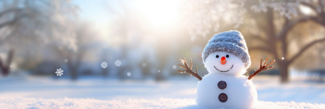 Funny snowman in winter forest. Panoramic banner.