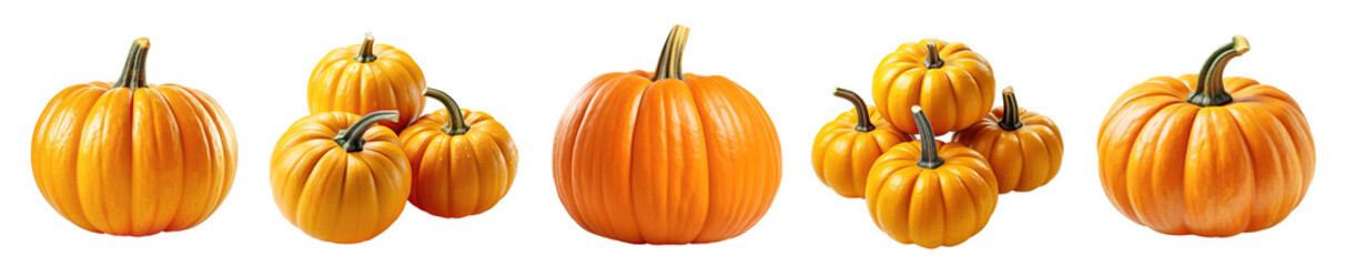 Set of pumpkins. Isolated cutout on transparent background.