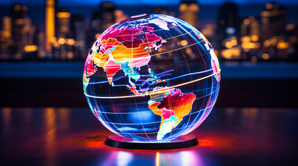 Neon globe rotating, highlighting luminescent continents