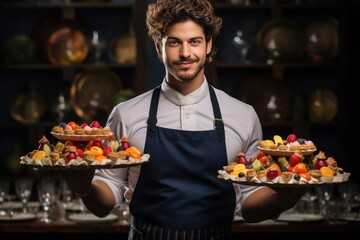 Man pastry chef with tray of cakes