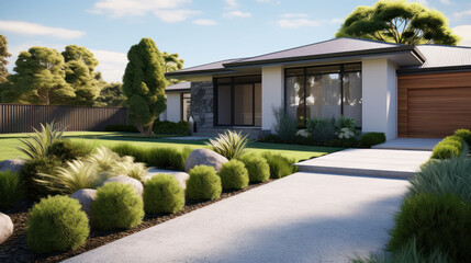 Modern American Home: Front Yard adorned with Artificial Turf and Wood Edging for a Polished Look.