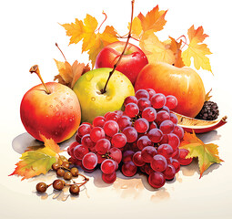 Naklejka na ściany i meble Autumn fruits watercolor illustration