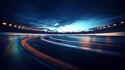 Spectacular Night Race: Curved Racetrack Illuminated with Blur Ai Generative - obrazy, fototapety, plakaty