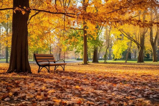 a park bench in the fall with yellow leaves on the ground and trees in the background photo credittons com