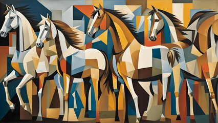 cubist style abstract painting of a group of horses in colorful geometric shapes