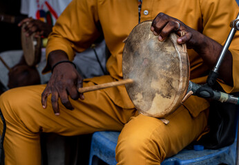 Traditional drums used to entertain devotes that participate at the annual Osun Osogbo Festival in...