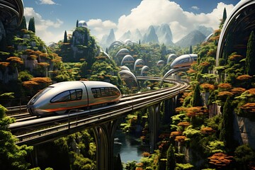 Fototapeta na wymiar a train going over a bridge in the middle - earth city, with mountains and trees on either sides photo credit