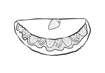 Brazilian food tapioca with strawberries and cream. Drawing made with black lines. Food made from cassava starch with various fillings. Vector illustration isolated on transparent background