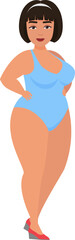 Plus size woman in swimsuit. Summer beach clothing for overweight women cartoon vector illustration
