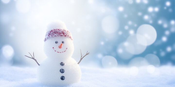 Snowman on snowy background with bokeh effect. Christmas card.