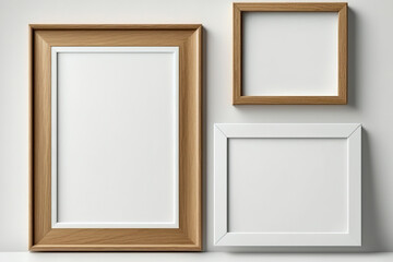 Realistic rectangular and square A3, A4-size wooden blank picture frames stand on a white wall from the front. wood frame with glossy glass. Template mockup. Generative AI - obrazy, fototapety, plakaty