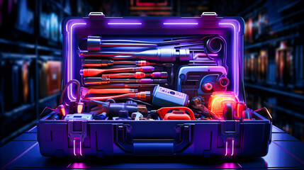 Neon toolbox filled with luminous tools of the trade - obrazy, fototapety, plakaty