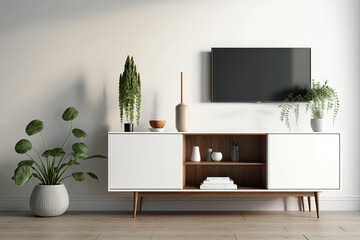 Modern whire cabinet or tv console mockup in empty living room with white floor,. Generative AI
