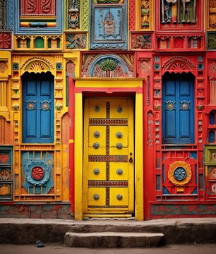 colorful doors on the side of a building in jaipur, india photo by anil sharma / flickonline com