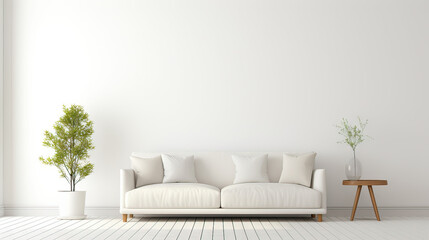 Bright living room interior with white empty wall