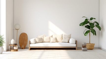 Bright living room interior with white empty wall