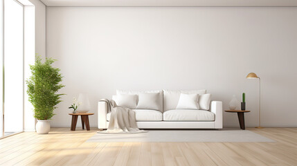 Fototapeta na wymiar Bright living room interior with white empty wall