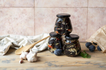 Jar-dried plum appetizer. Autumn canning