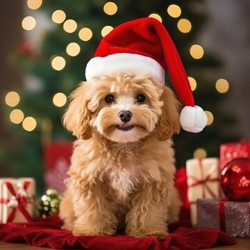 Cute dog wearing Santa hat with Christmas background