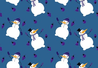 Christmas tree balls seamless snowman pattern for wrapping paper and fabrics and festive packaging and kids