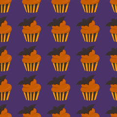 Halloween sweet cupcake pattern. sweet candies, scary bat lollipop and sweets. Vector Image.