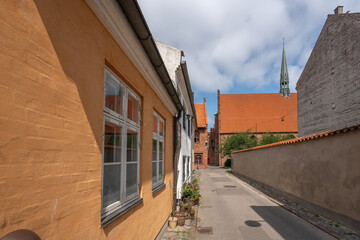 Fototapeta na wymiar Elsinore Street with St. Mary Church - Helsingor, Denmark