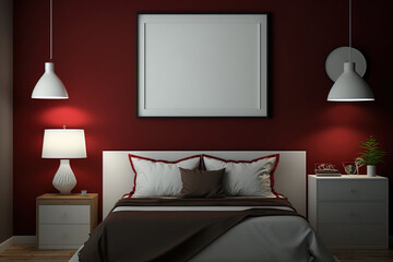 Dark crimson bedroom with a white bed, lamp, and framed horizontal poster over the bed. mockup. Generative AI