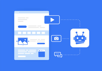 AI Landing Page Builder Generation Tools concept. Create website with no-code web design ai generator. Vector illustration isolated on blue background with icons