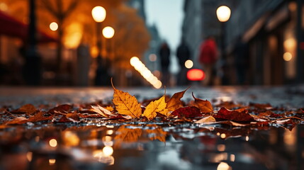 Autumn yellow leaves fall on wet rainy pavement in evening city blurred light