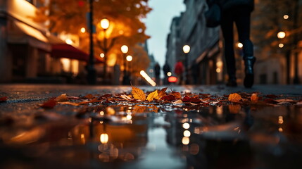 Autumn yellow leaves fall on wet rainy pavement in evening city blurred light - 643288999