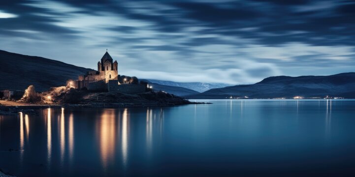 Dreamlike Long-Exposure: Capturing the Surreal Beauty of Lake Sevan and Sevanavank Monastery, generative ai