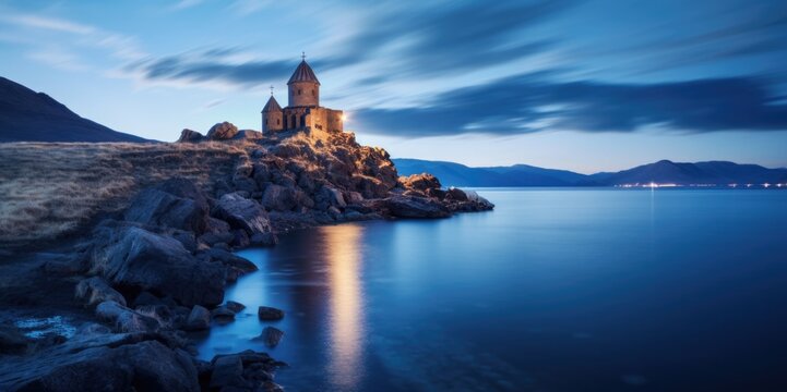 Twilight Serenity: A Cinematic View of Lake Sevan and Sevanavank Monastery, generative ai