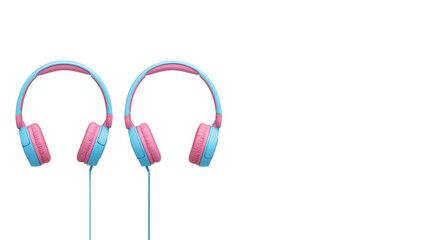 Closeup of blue and pink headphones, isolated on white copy-space background.