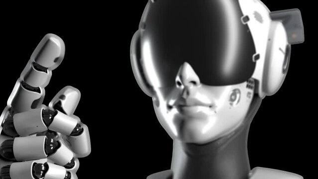 a close-up portrait of a robot with a parallax effect, making a gesture to get closer. has an alpha channel