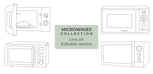 Set of hand drawn editable vector line art illustrations of microwave ovens