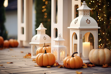 Obraz premium The porch of the house is decorated with pumpkins and lanterns with candles. AI Generative.