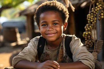 Young adorable african boy sitting in a village street. - obrazy, fototapety, plakaty