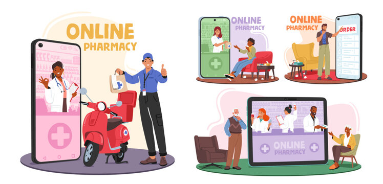 Characters Use Online Pharmacy Services, Offering A Wide Range Of Medications And Healthcare Products