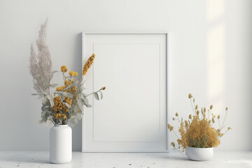 Landscape frame mockup in white minimalistic interior with dried flowers in vase. Generative AI