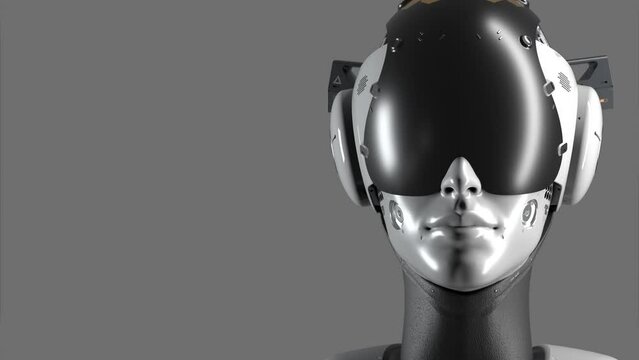 portrait of a female robot whose hand slides across a virtual display. the focus of the camera is on the face, has an alpha channel