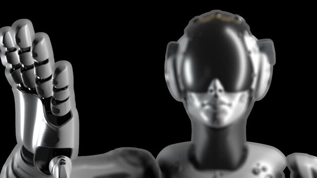 portrait of a female robot whose hand slides across a virtual display. the camera focus is on the hand, has an alpha channel