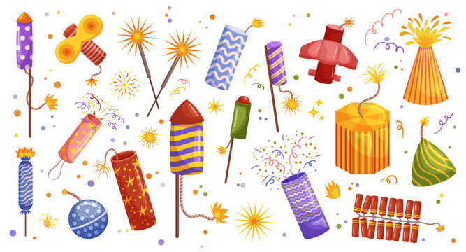 Fireworks And Pyrotechnics Set. Explosive Displays Of Color And Light, Captivating Audiences Cartoon Vector Illustration