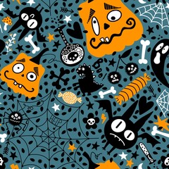 Halloween cartoon pumpkins seamless bat and ghost and candy and web pattern for wrapping paper and fabrics