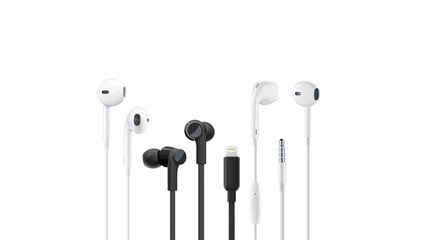 Group of black and white handsfree earphones, isolated on white background.