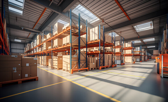 A large warehouse with numerous items. Rows of shelves with boxes. Logistics. Inventory control, order fulfillment or space optimization. Illustration for advertising, marketing or presentation.