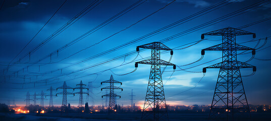  high-voltage tower and power lines with abstract defocused city lights at night, transmission of electricity for urban life - obrazy, fototapety, plakaty